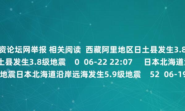 配资论坛网举报 相关阅读  西藏阿里地区日土县发生3.8级地震西藏阿里地区日土县发生3.8级地震    0  06-22 22:07     日本北海道沿岸远海发生5.9级地震日本北海道沿岸远海发生5.9级地震    52  06-19 07:43     四川宜宾市珙县附近发生4.7级左右地震四川宜宾市珙县附近发生4.7级左右地震    55  06-15 18:43     四川甘孜州石渠县发